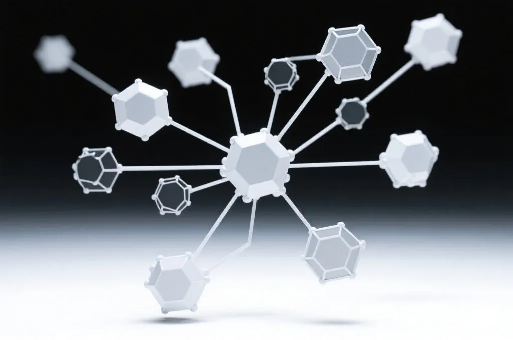An abstract geometric visualization showing independent data nodes with equal branching paths